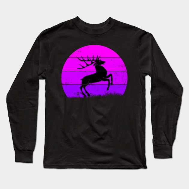 Purple Sun Retro Deer Silhouette Sun Stag Shadow Hunters lovers Gift Long Sleeve T-Shirt by BijStore